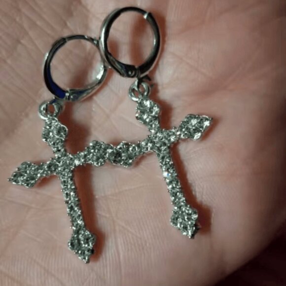 Sparkling Rhinestone Cross Hoop Earrings - Silver Statement Jewelry - Picture 1 of 3